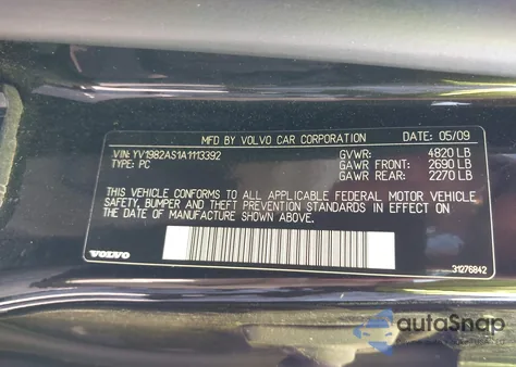 2010 Volvo S80 3.2 from USA, damaged, VIN YV1982AS1A1113392